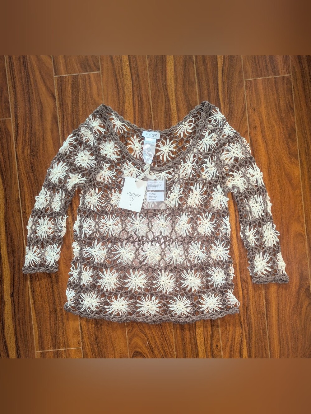 COCOGIO NWT O/S Floral Alpaca Blend Crochet Open Knit Top Sweater Brown/Cream